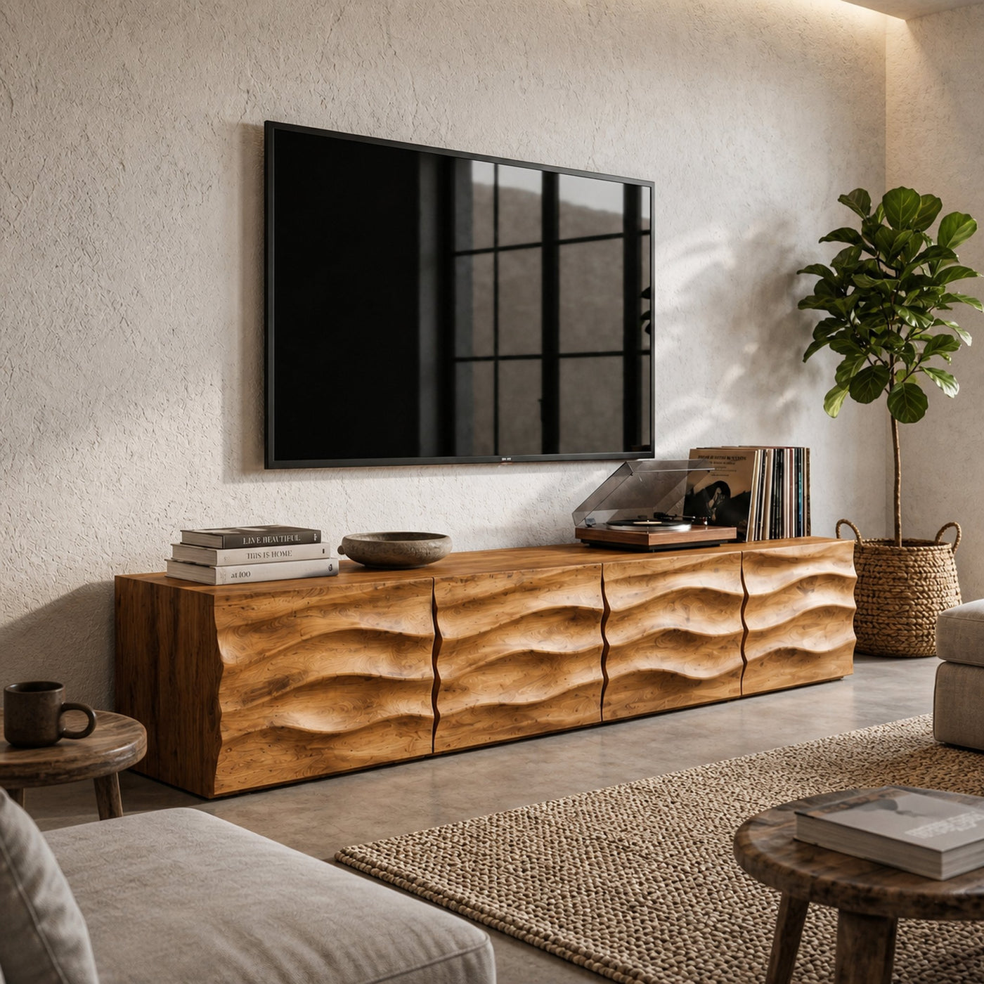 Organic TV Cabinet With Wave Front Doors And Built In Storage For Living Room