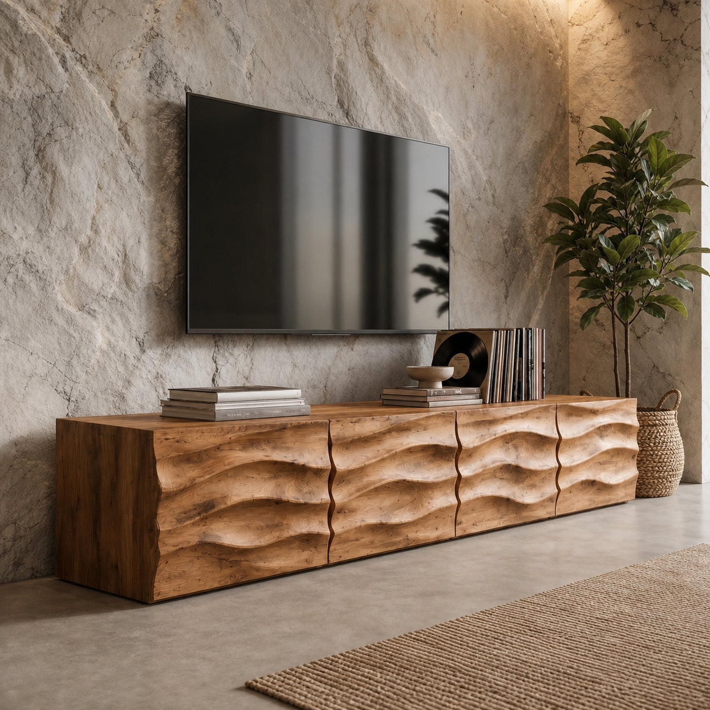 Organic TV Cabinet With Wave Front Doors And Built In Storage For Living Room - product view 6