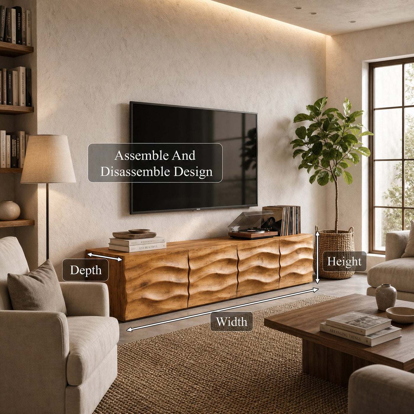 Organic TV Cabinet With Wave Front Doors And Built In Storage For Living Room - product view 8
