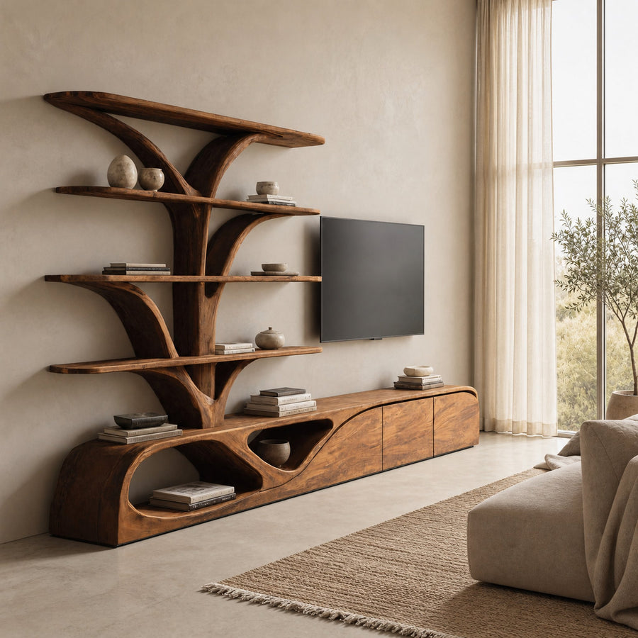 Organic TV Shelf With Tree Shape Bookshelf For Living Room