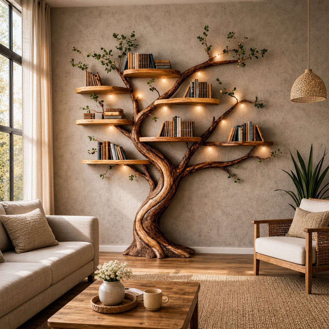 Organic Tree Bookshelf Living Room Interior Sculptural Wall Display