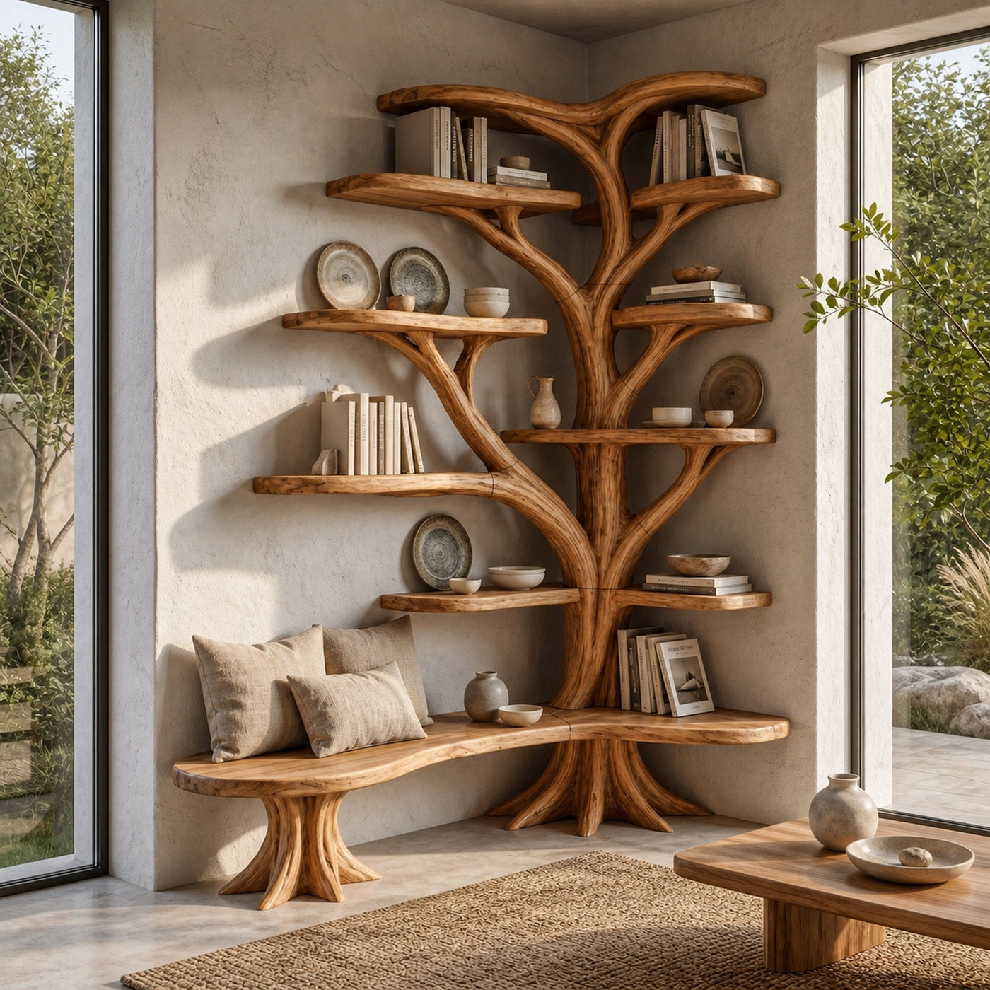 Organic Tree Bookshelf With Sculptural Branch Design And Multi Tier Display Shelves For Living Room