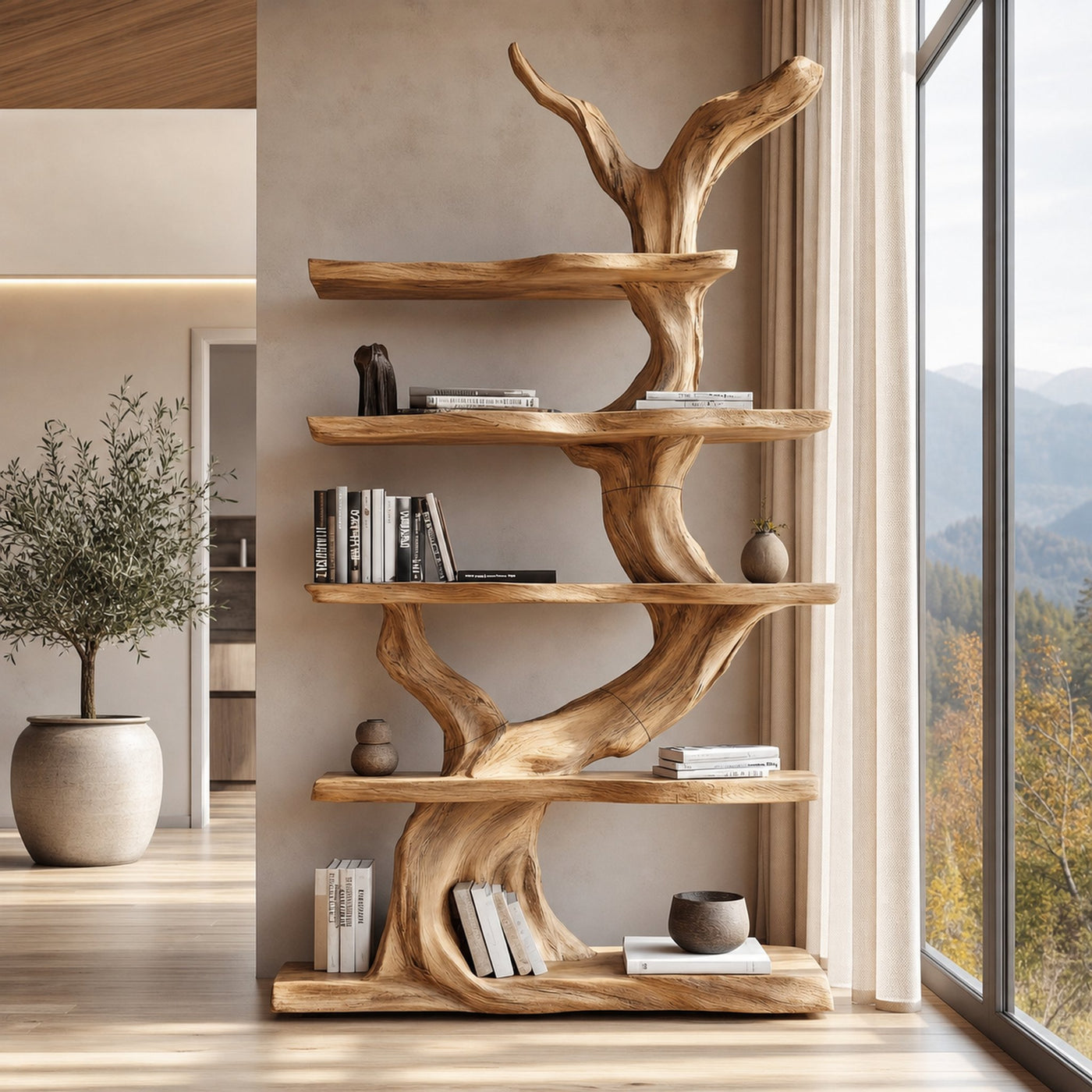 Organic Tree Bookshelf With Sculptural Branch Design And Open Display Shelves For Living Room