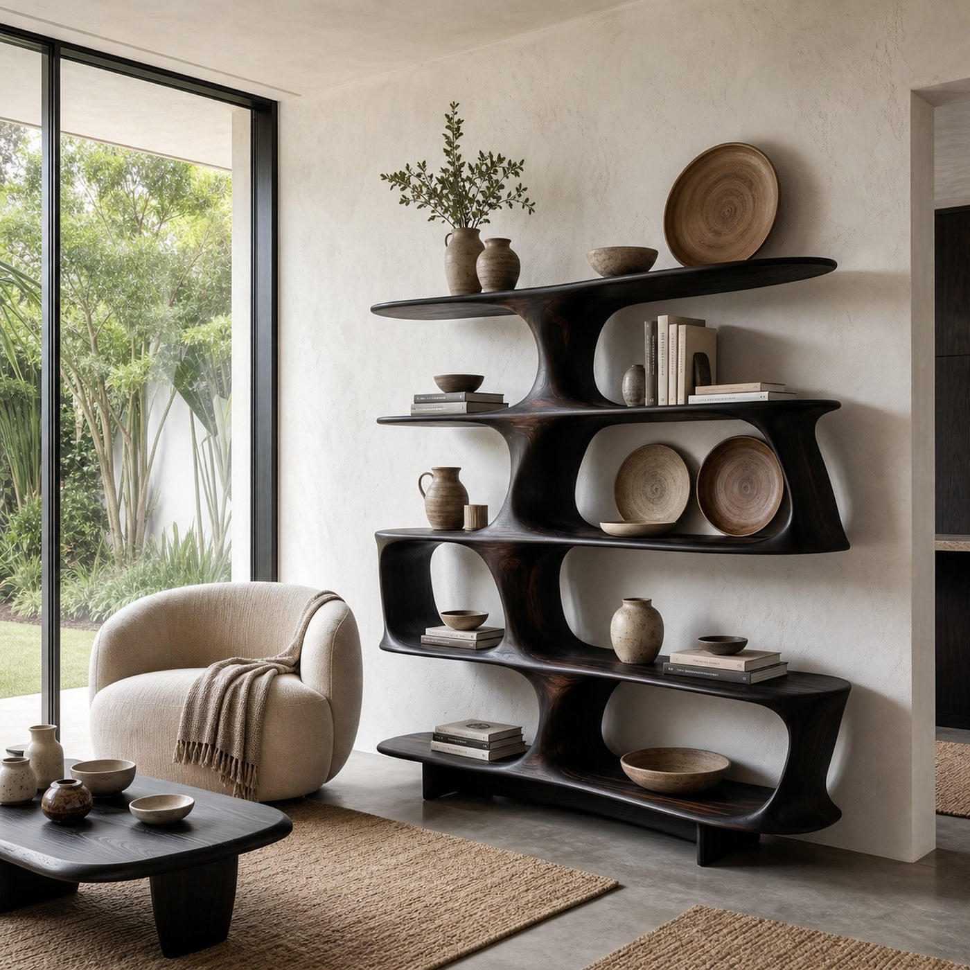 Organic Tree Bookshelf With Sculptural Curved Shelves And Open Display Storage For Living Room