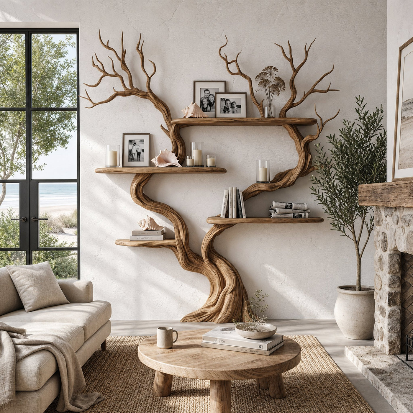 Organic Tree Wall Shelf With Multi Tier Display Shelves For Home
