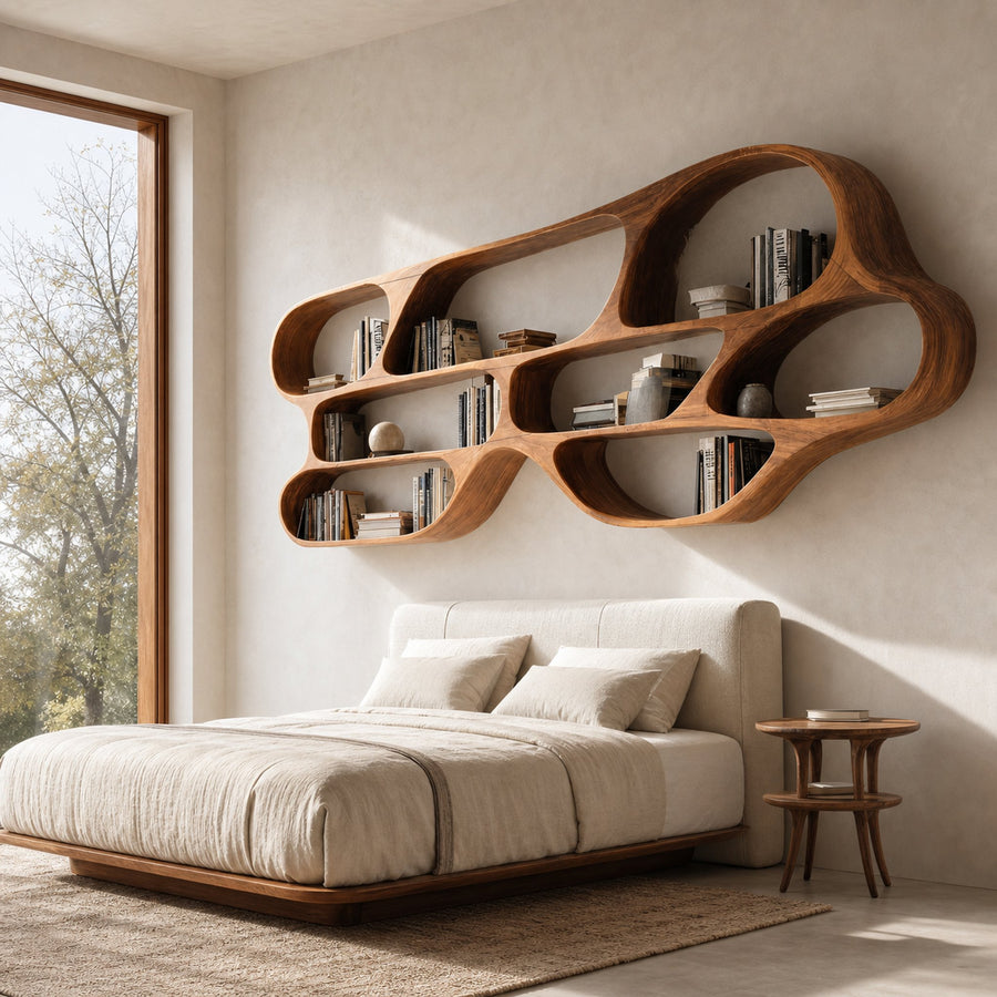Organic Wall Bookcase For Bedroom Interior Design