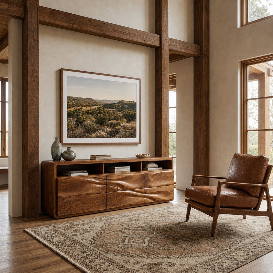 Organic Wave Carved Wood Sideboard For Living Room