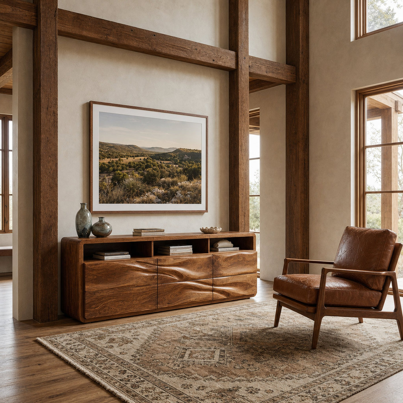 Organic Wave Carved Wood Sideboard For Living Room