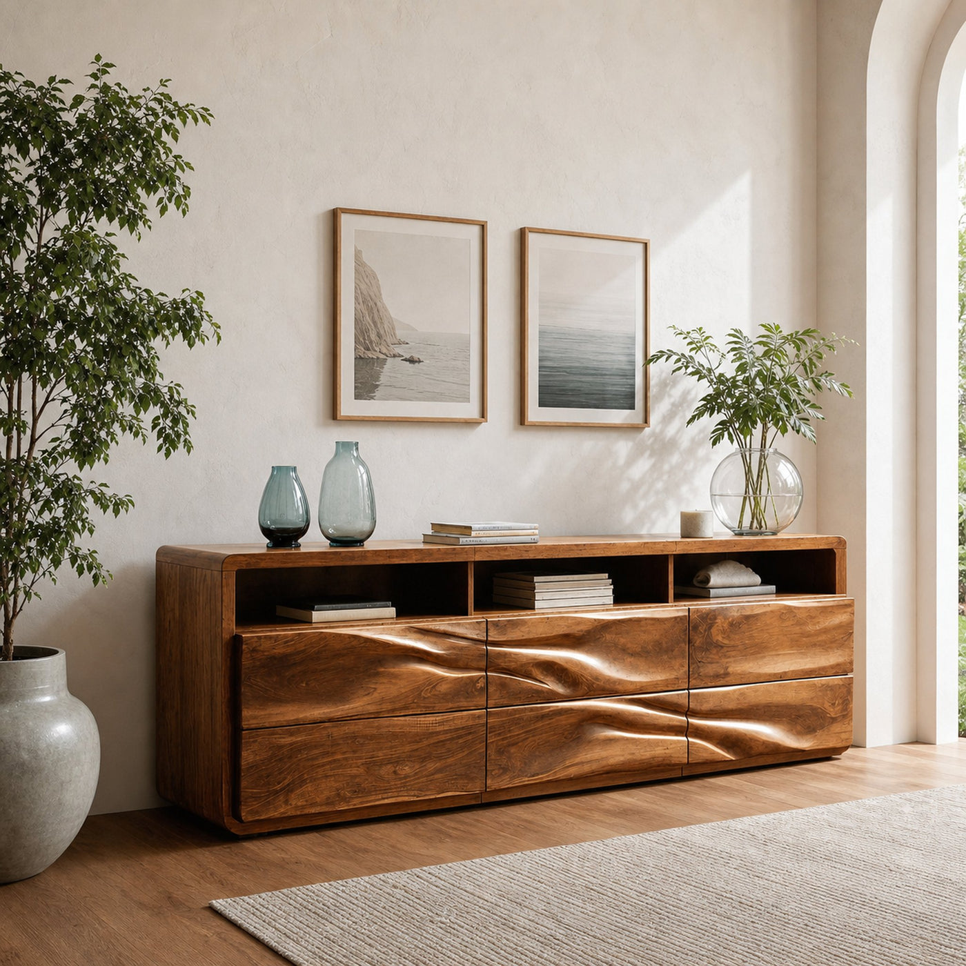 Organic Wave Carved Wood Sideboard For Living Room - product view 2