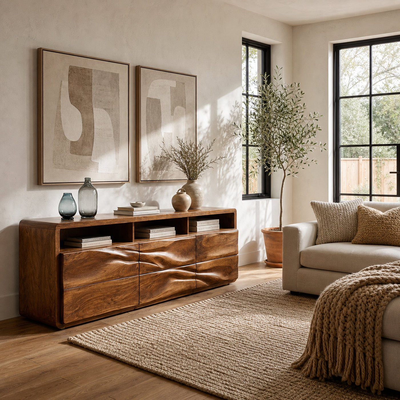 Organic Wave Carved Wood Sideboard For Living Room - product view 3
