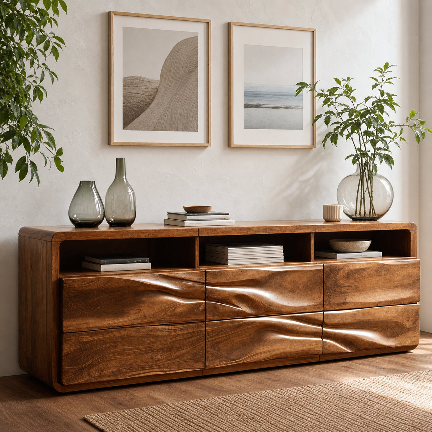 Organic Wave Carved Wood Sideboard For Living Room - product view 4