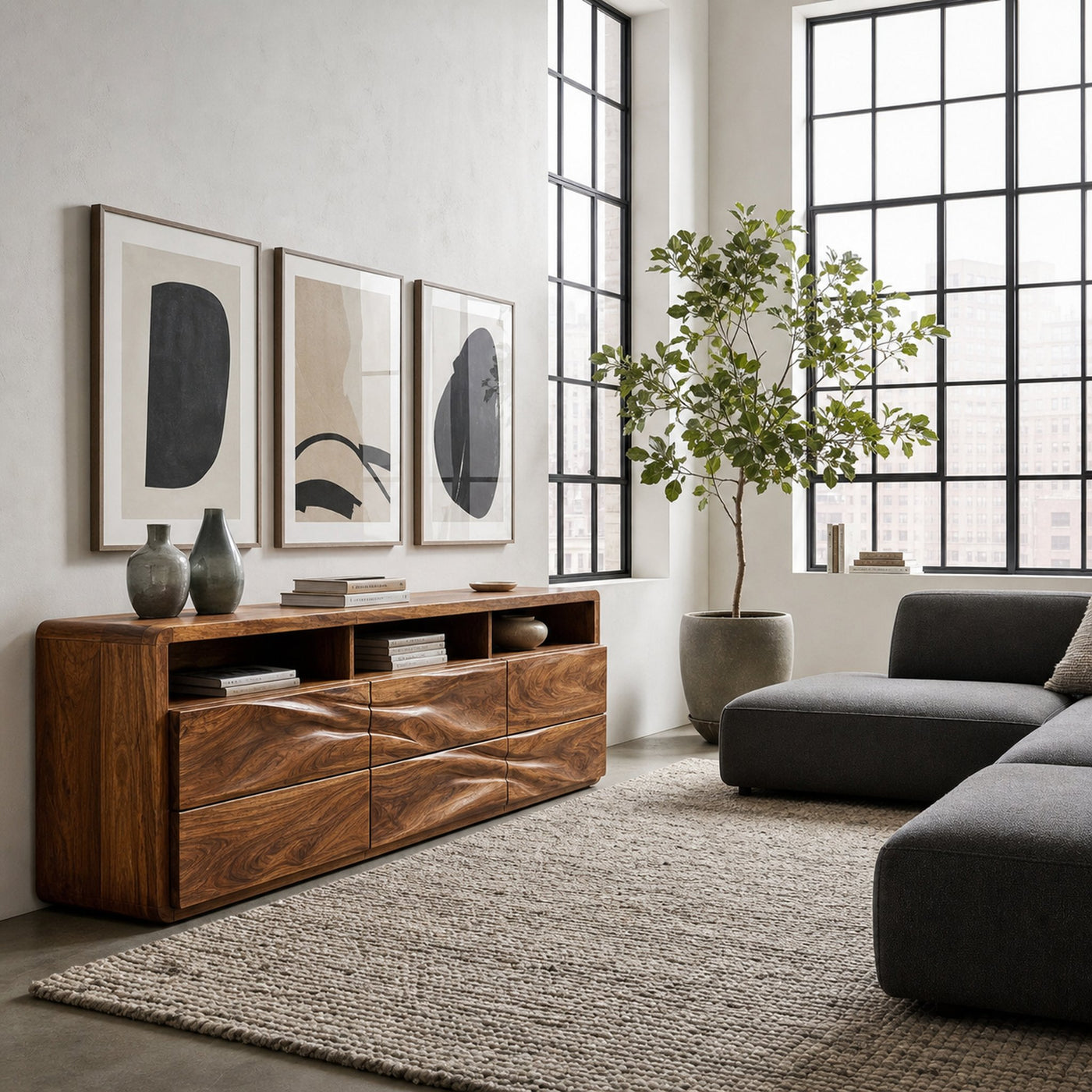 Organic Wave Carved Wood Sideboard For Living Room - product view 5