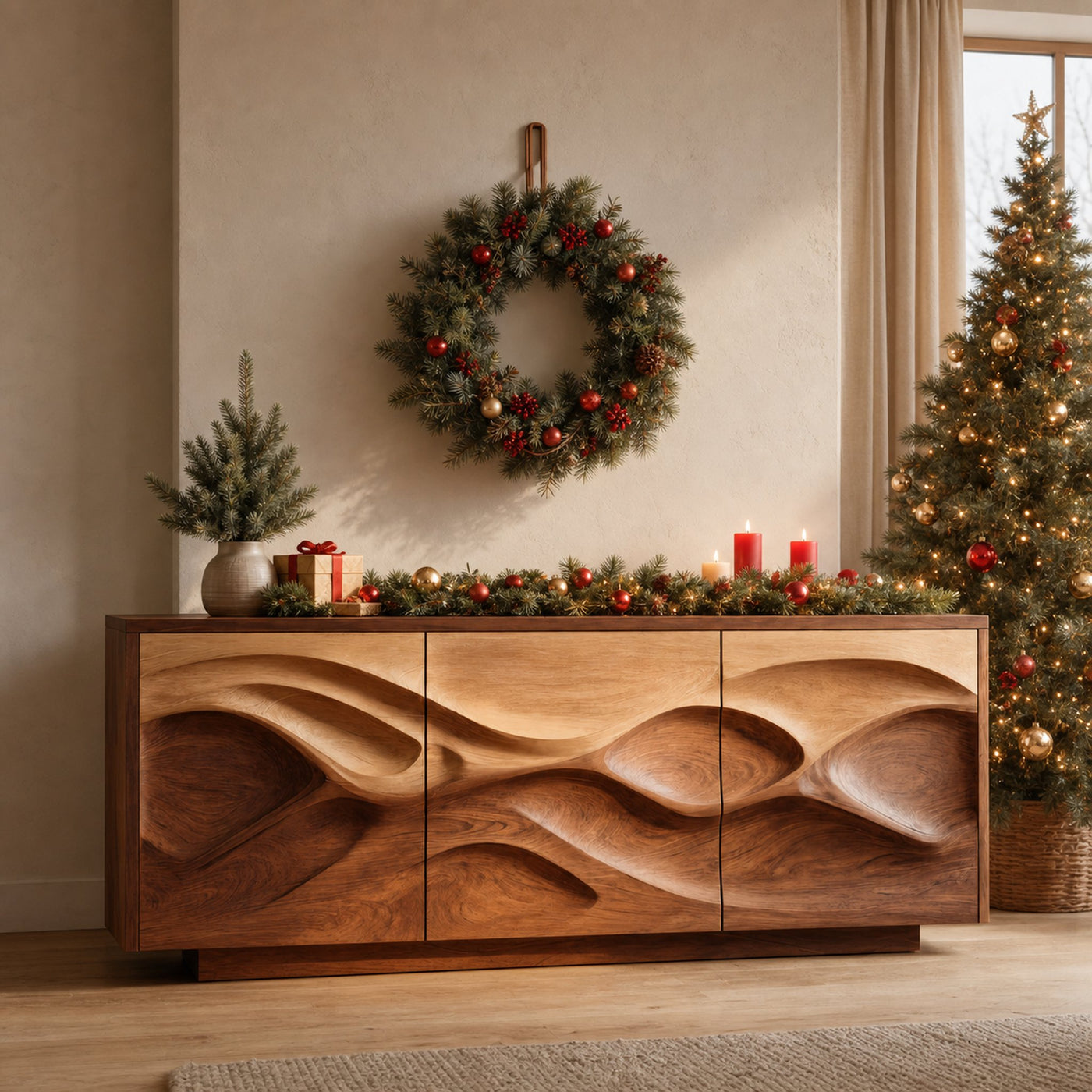 Organic Wave Pattern Sideboard For Holiday Decor