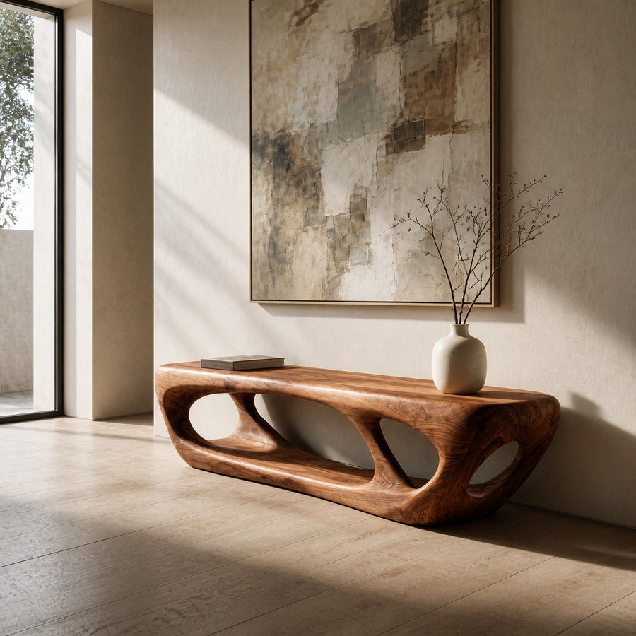 Organic Wood Bench With Hollow Base For Living Room