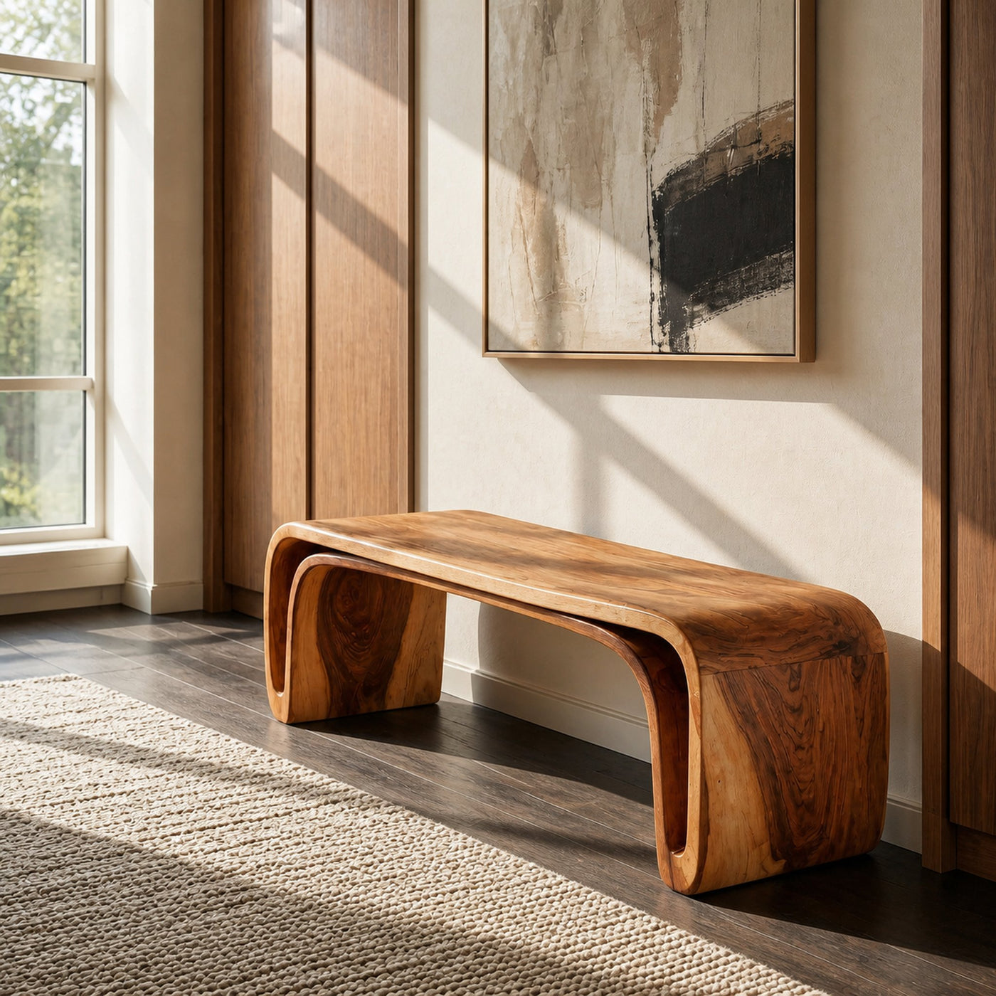 Organic Wood Bench With Unique Curved For Hallway