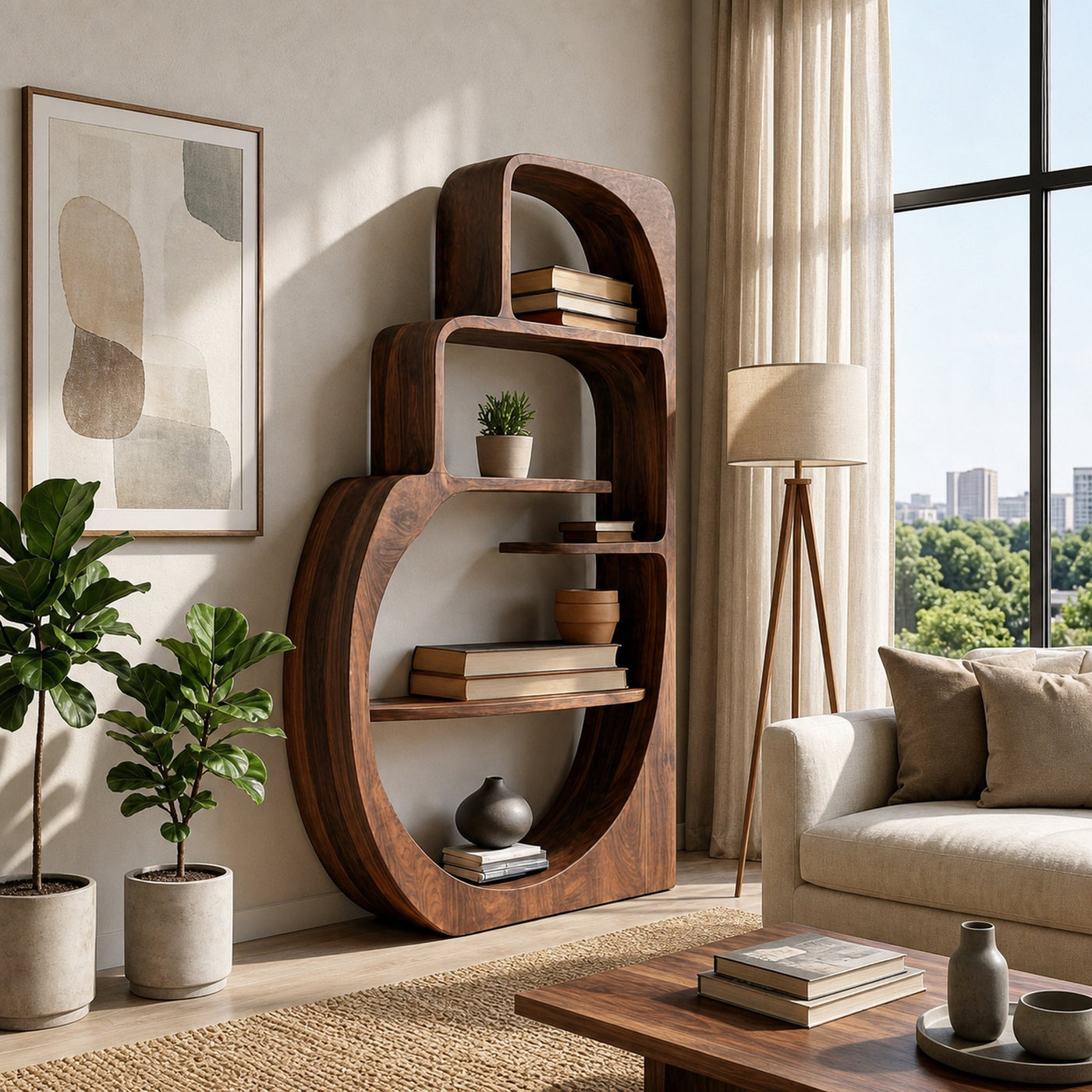 Organic Wood Bookshelf With Multiple Storage Levels For Living Room