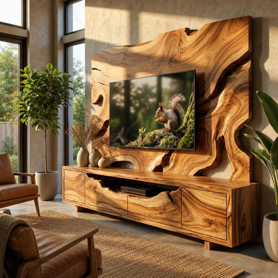 Organic Wood TV Cabinet With Decorative Wall Panel Living Room