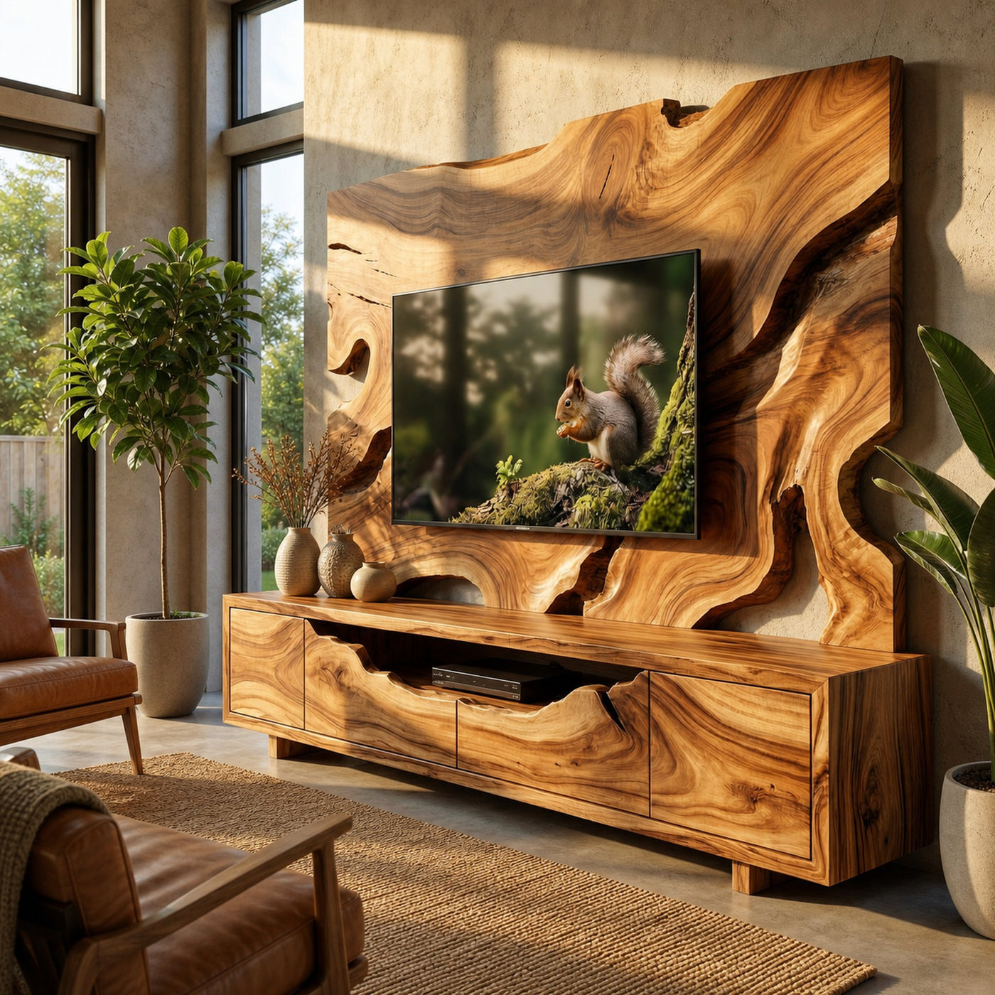Organic Wood TV Cabinet With Decorative Wall Panel Living Room