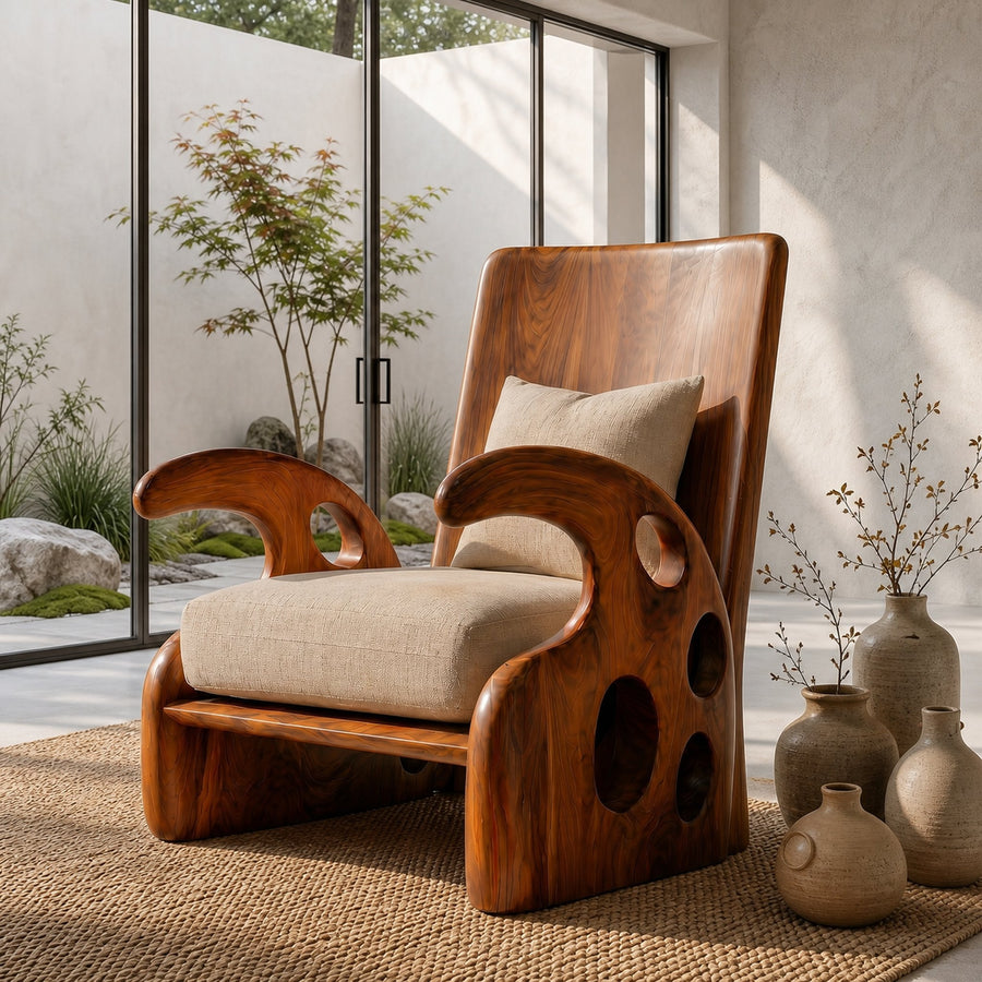 Organic Wooden Armchair For Reading Corner And Living Room