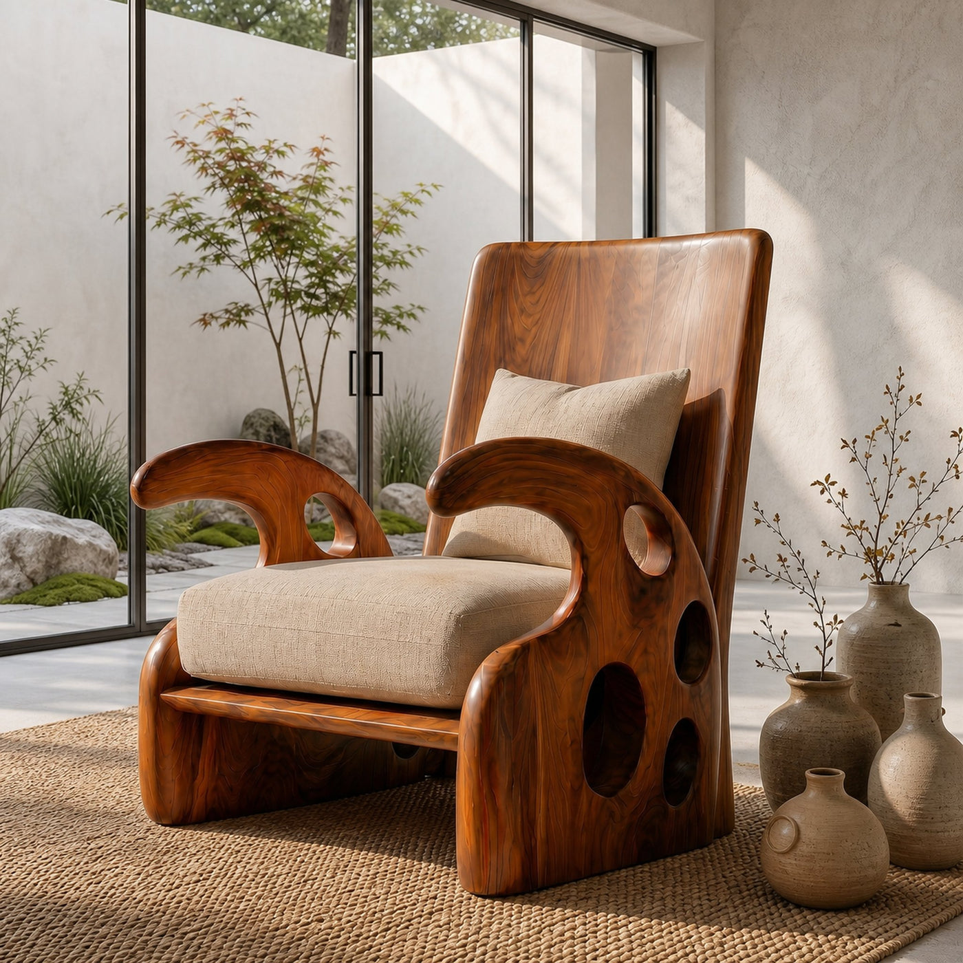 Organic Wooden Armchair For Reading Corner And Living Room