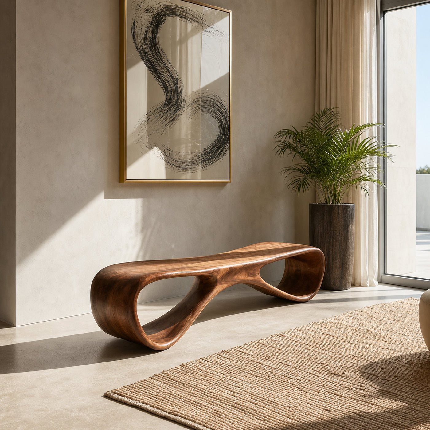 Organic Wooden Bench For Living Room Accent