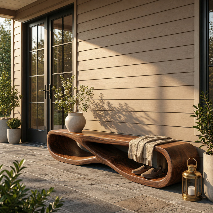 Organic Wooden Bench With Curved Base Form For Entryway Space