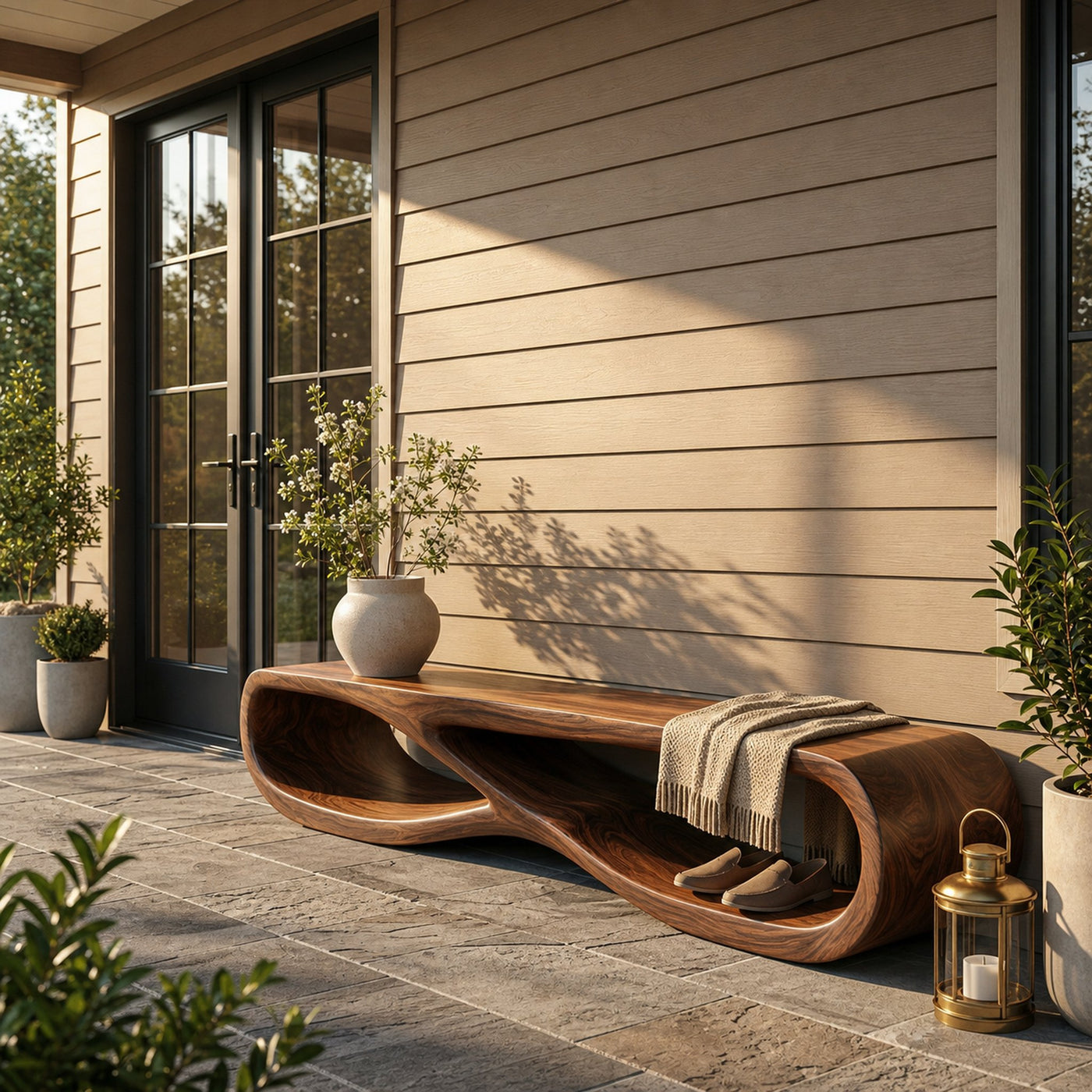 Organic Wooden Bench With Curved Base Form For Entryway Space