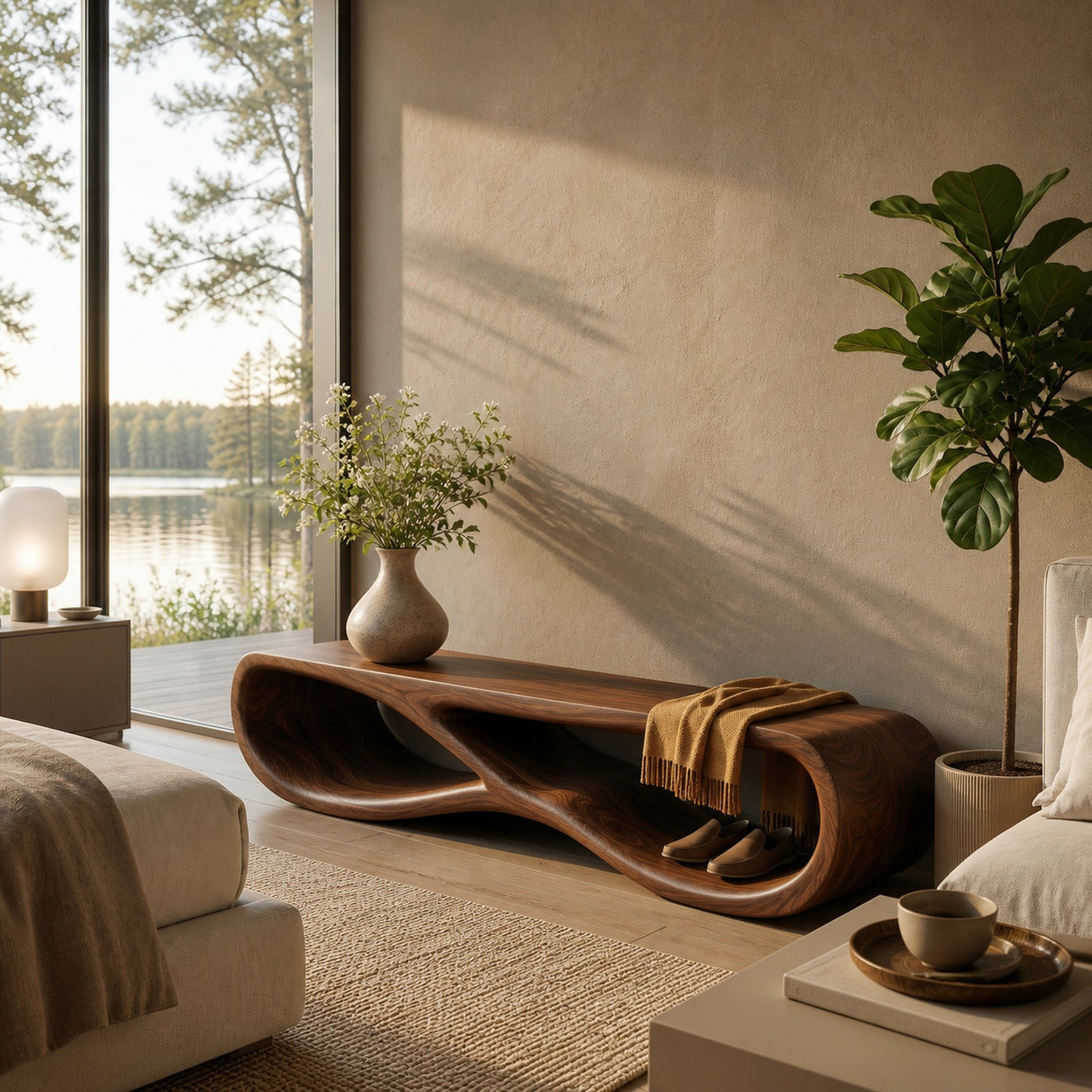 Organic Wooden Bench With Curved Base Form For Entryway Space - product view 7