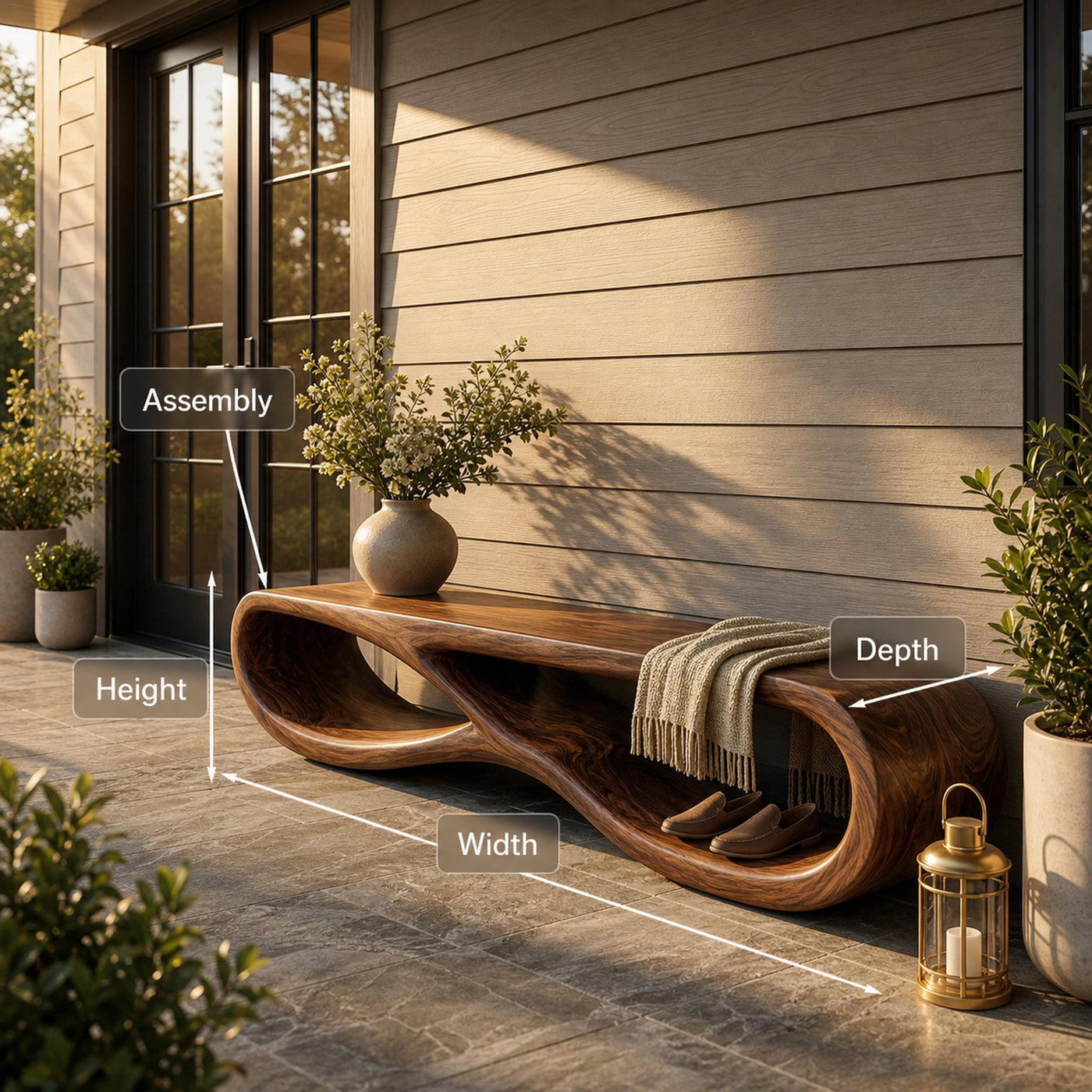 Organic Wooden Bench With Curved Base Form For Entryway Space - product view 8