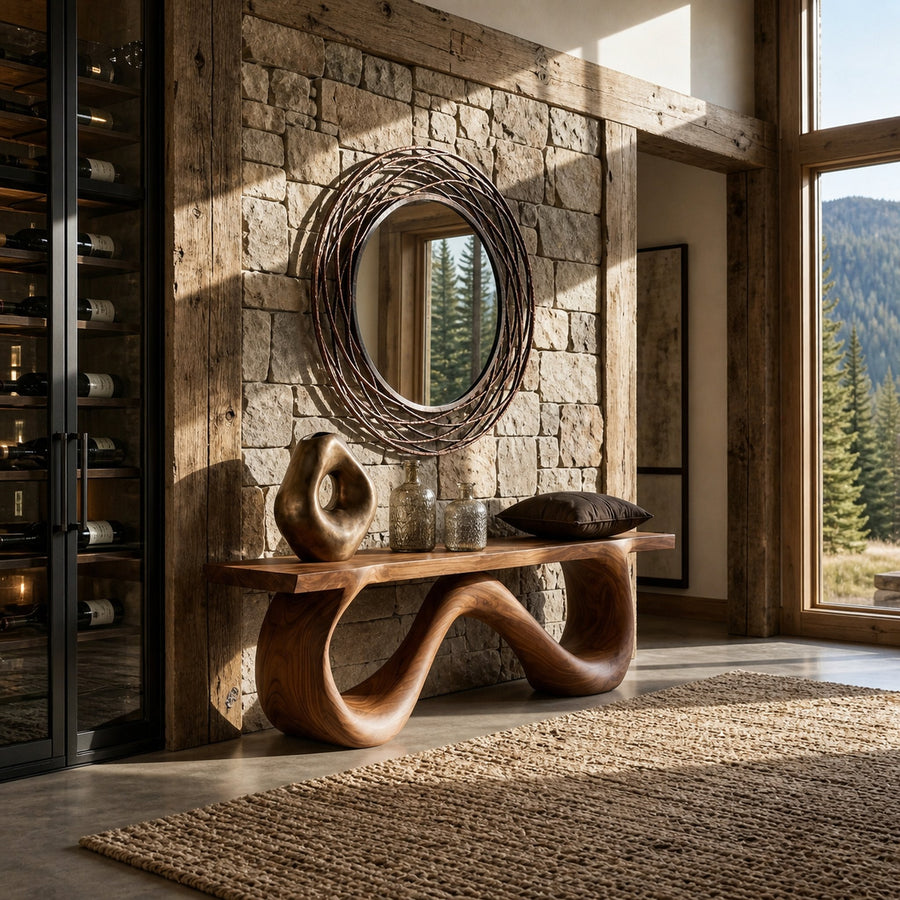 Organic Wooden Bench With Flowing Ribbon Base For Entryway
