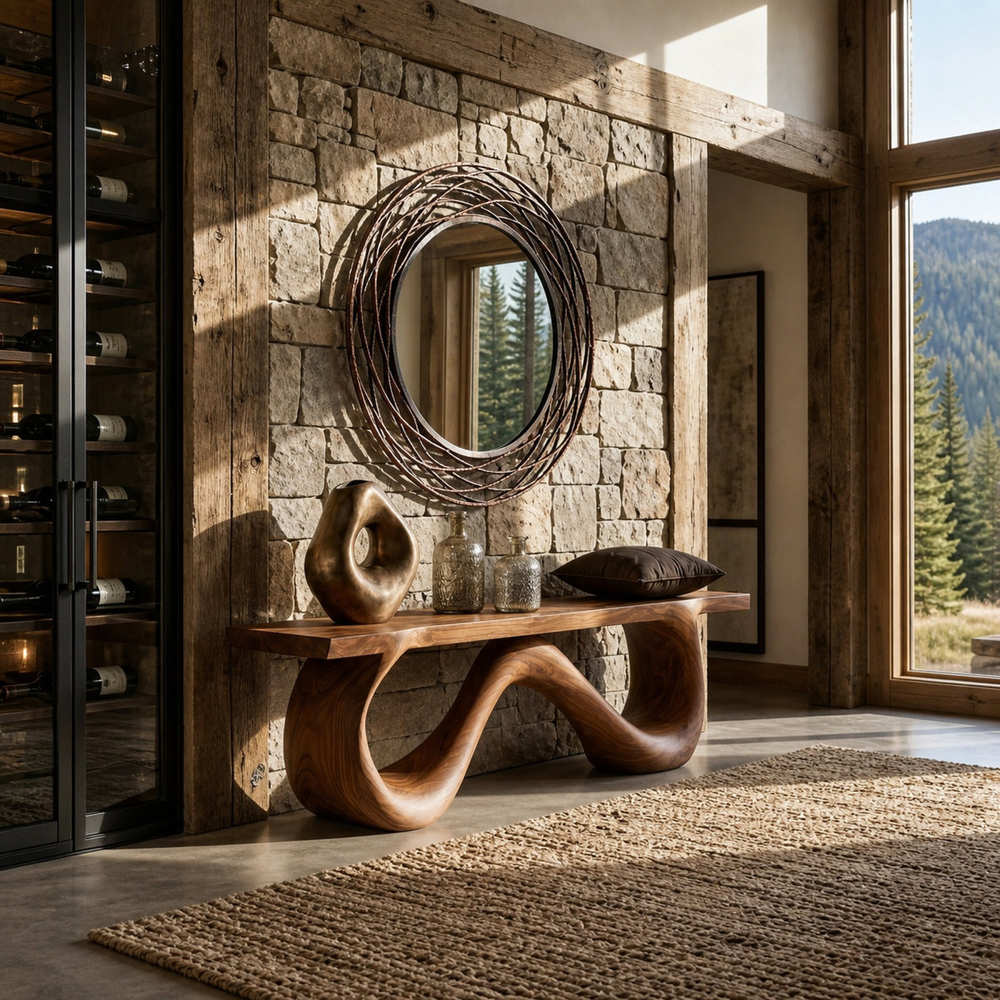 Organic Wooden Bench With Flowing Ribbon Base For Entryway