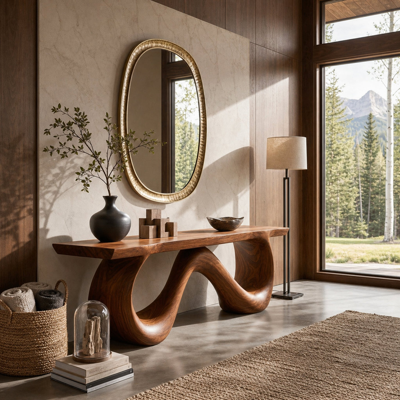 Organic Wooden Bench With Flowing Ribbon Base For Entryway - product view 6