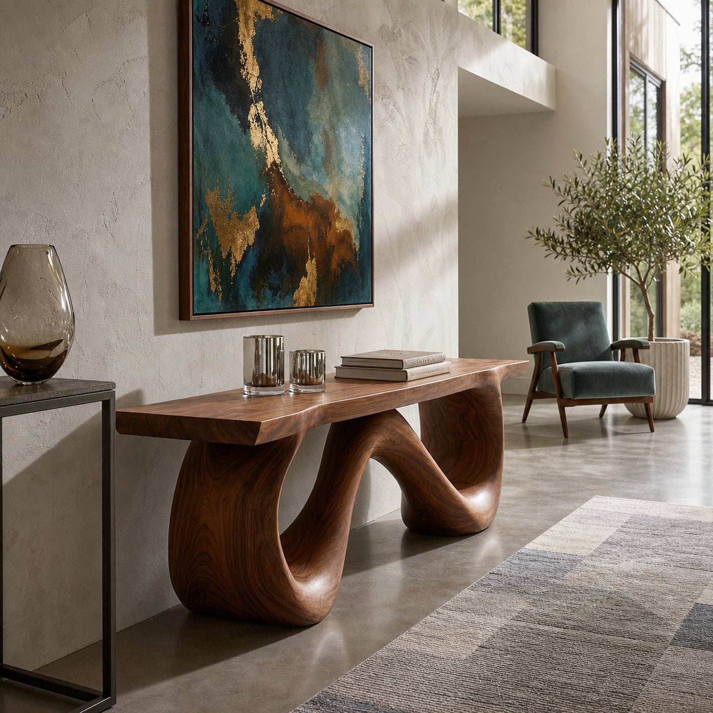 Organic Wooden Bench With Flowing Ribbon Base For Entryway - product view 7