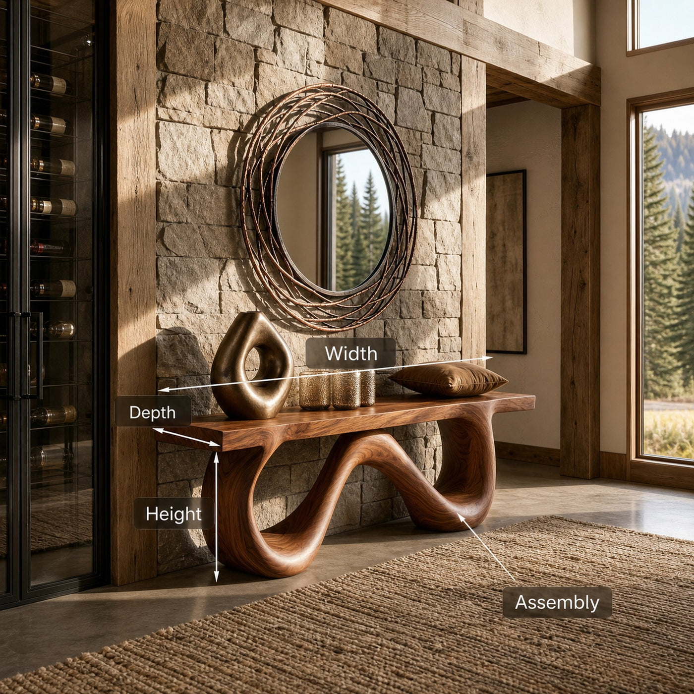 Organic Wooden Bench With Flowing Ribbon Base For Entryway - product view 8