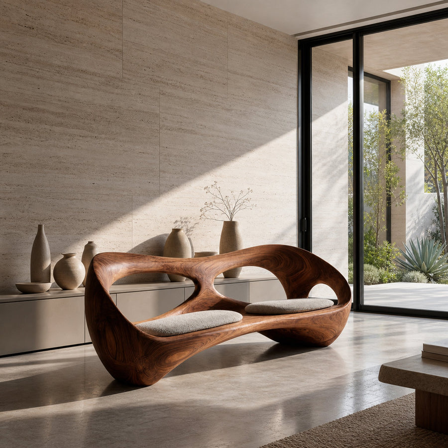 Organic Wooden Bench With Rounded Edges For Living Room