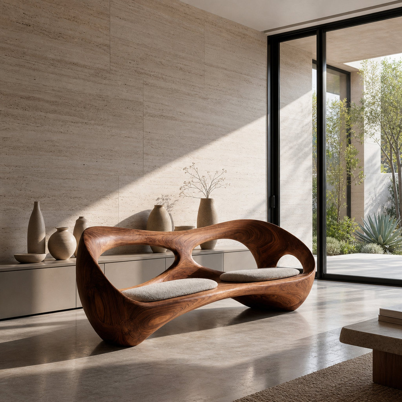 Organic Wooden Bench With Rounded Edges For Living Room