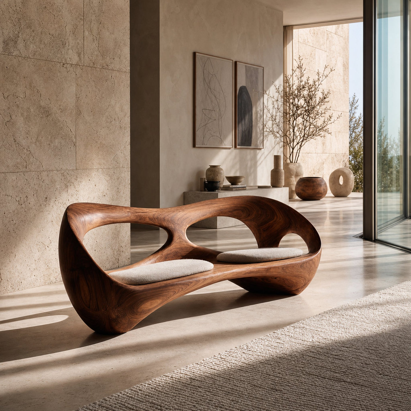 Organic Wooden Bench With Rounded Edges For Living Room - product view 6