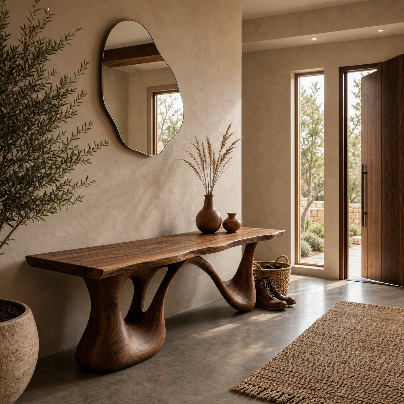 Organic Wooden Bench With Undulating Sculptural Base For Home Furniture