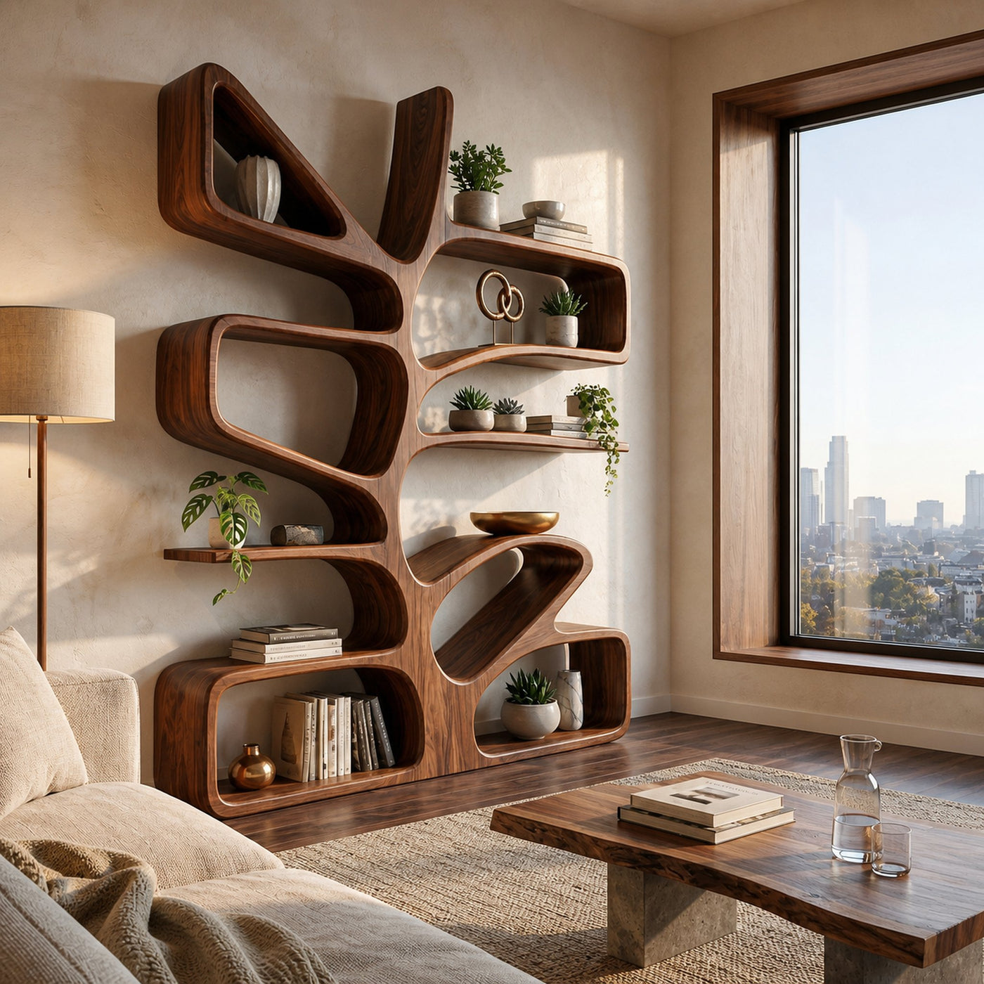 Organic Wooden Bookcase With Sculptural Form For Living Space