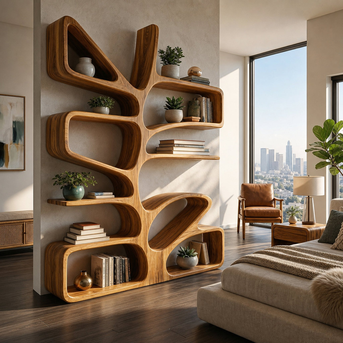 Organic Wooden Bookcase With Sculptural Form For Living Space - product view 6