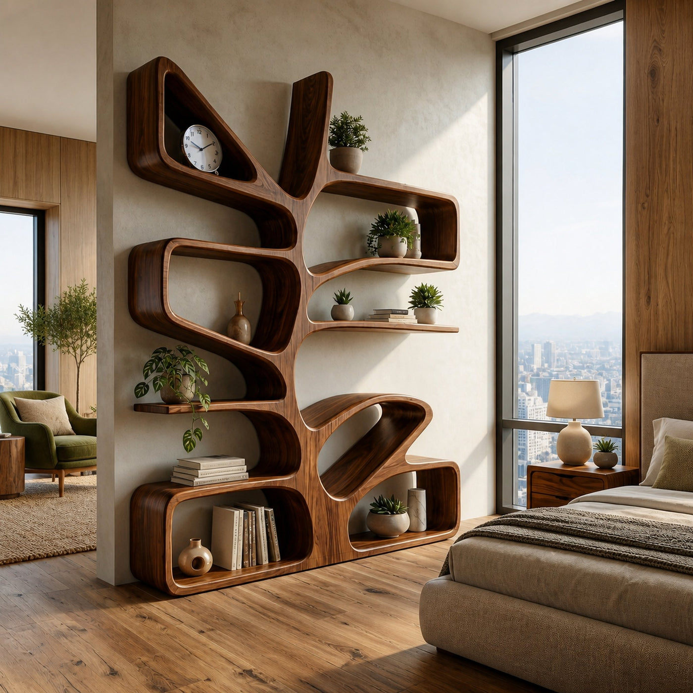 Organic Wooden Bookcase With Sculptural Form For Living Space - product view 7