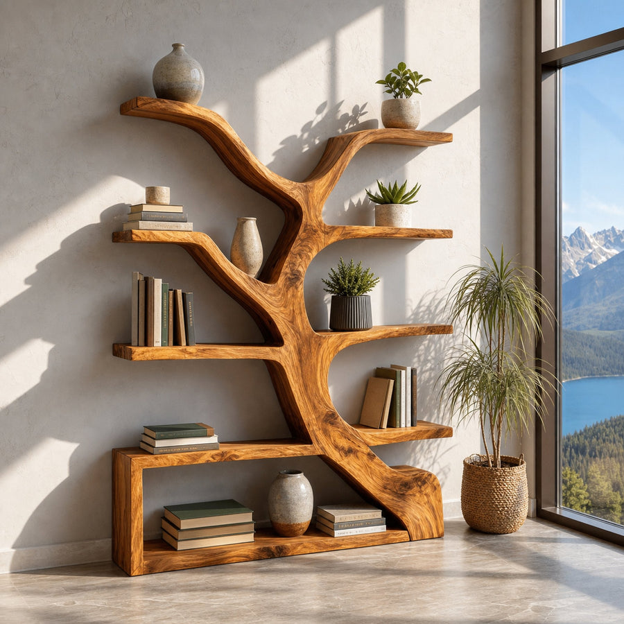 Organic Wooden Bookshelf Branch Form For Home Interior