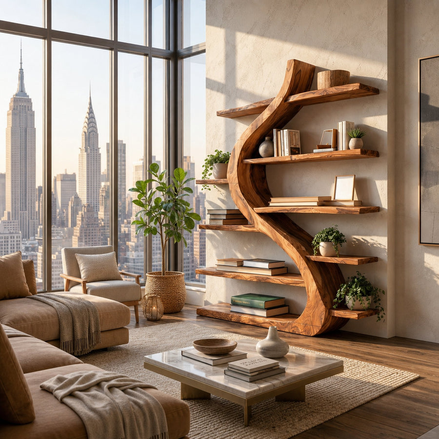 Organic Wooden Bookshelf Soft Curved Design For Home Decor
