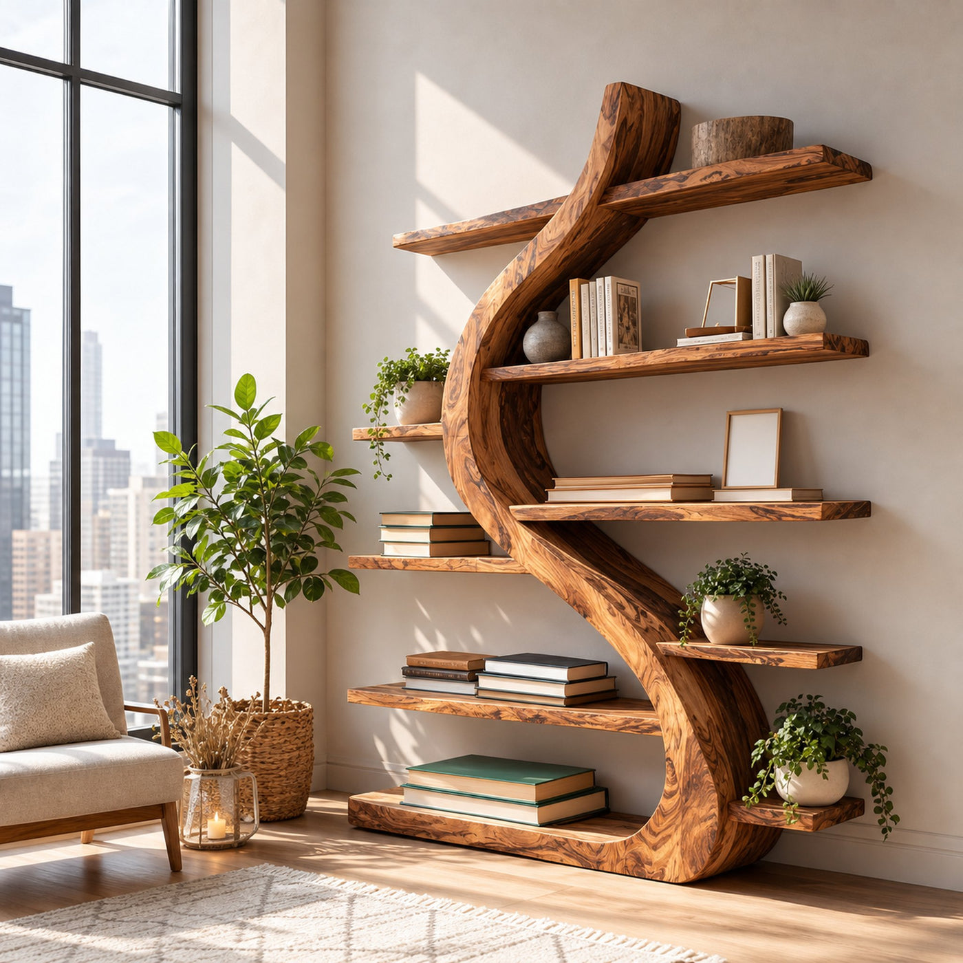 Organic Wooden Bookshelf Soft Curved Design For Home Decor - product view 6