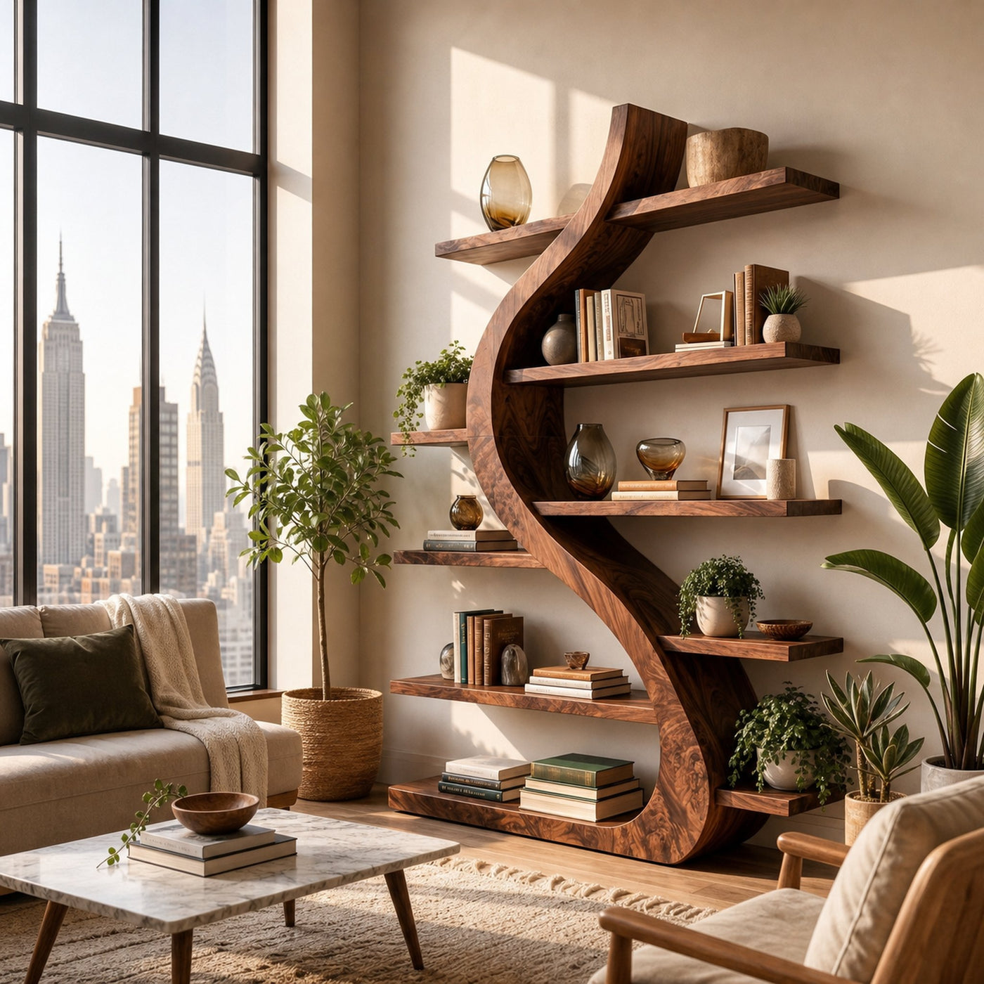 Organic Wooden Bookshelf Soft Curved Design For Home Decor - product view 7