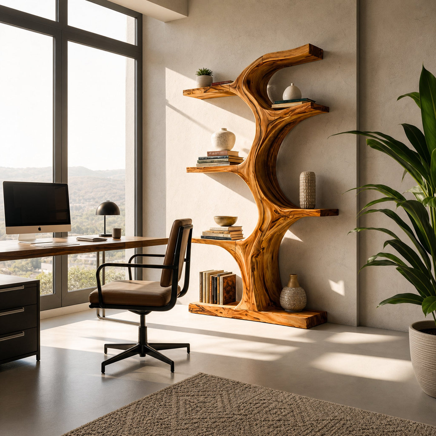 Organic Wooden Bookshelf With Branch Form For Living Room