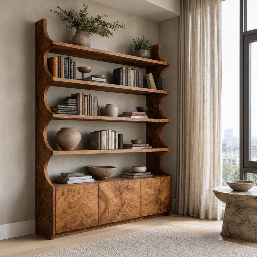 Organic Wooden Bookshelf With Curved Edges For Living Storage