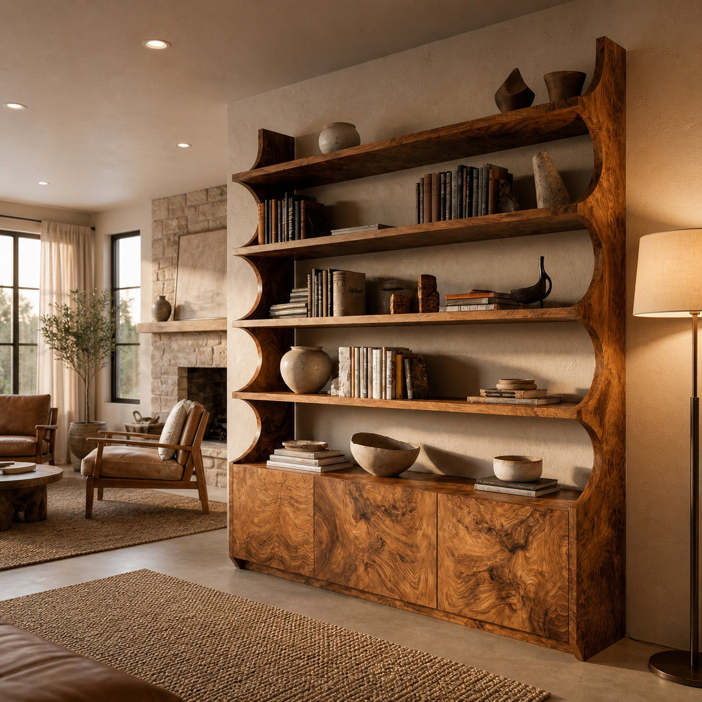 Organic Wooden Bookshelf With Curved Edges For Living Storage - product view 6