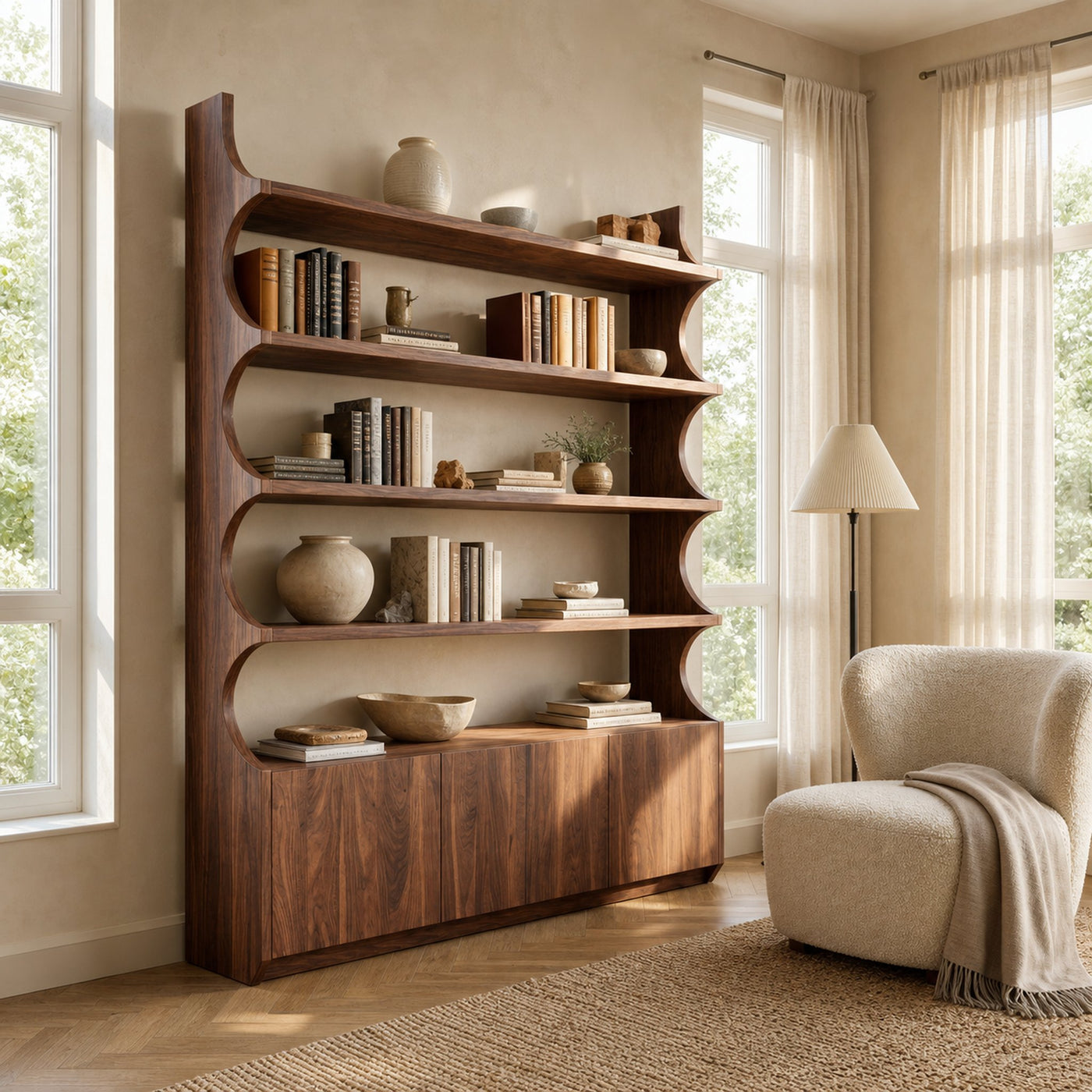 Organic Wooden Bookshelf With Curved Edges For Living Storage - product view 7