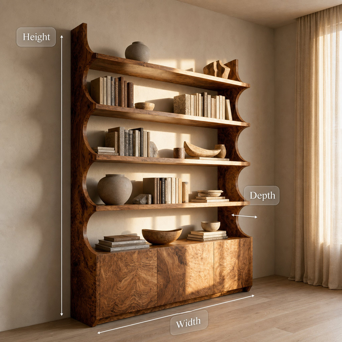 Organic Wooden Bookshelf With Curved Edges For Living Storage - product view 8